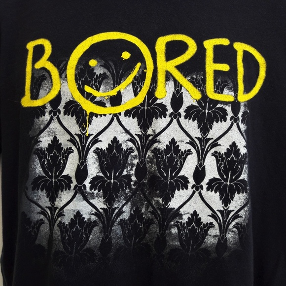 Graphic Black Tee T Shirt Bored Smiley Face Destroyed Meditation L - Picture 2 of 5